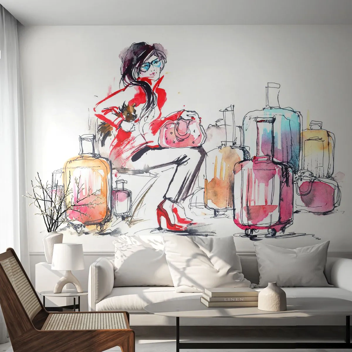 Fototapete Standard Eco - Setzen wir uns vor der Reise hin - Frau, Reise, Koffer - 500x350 cm