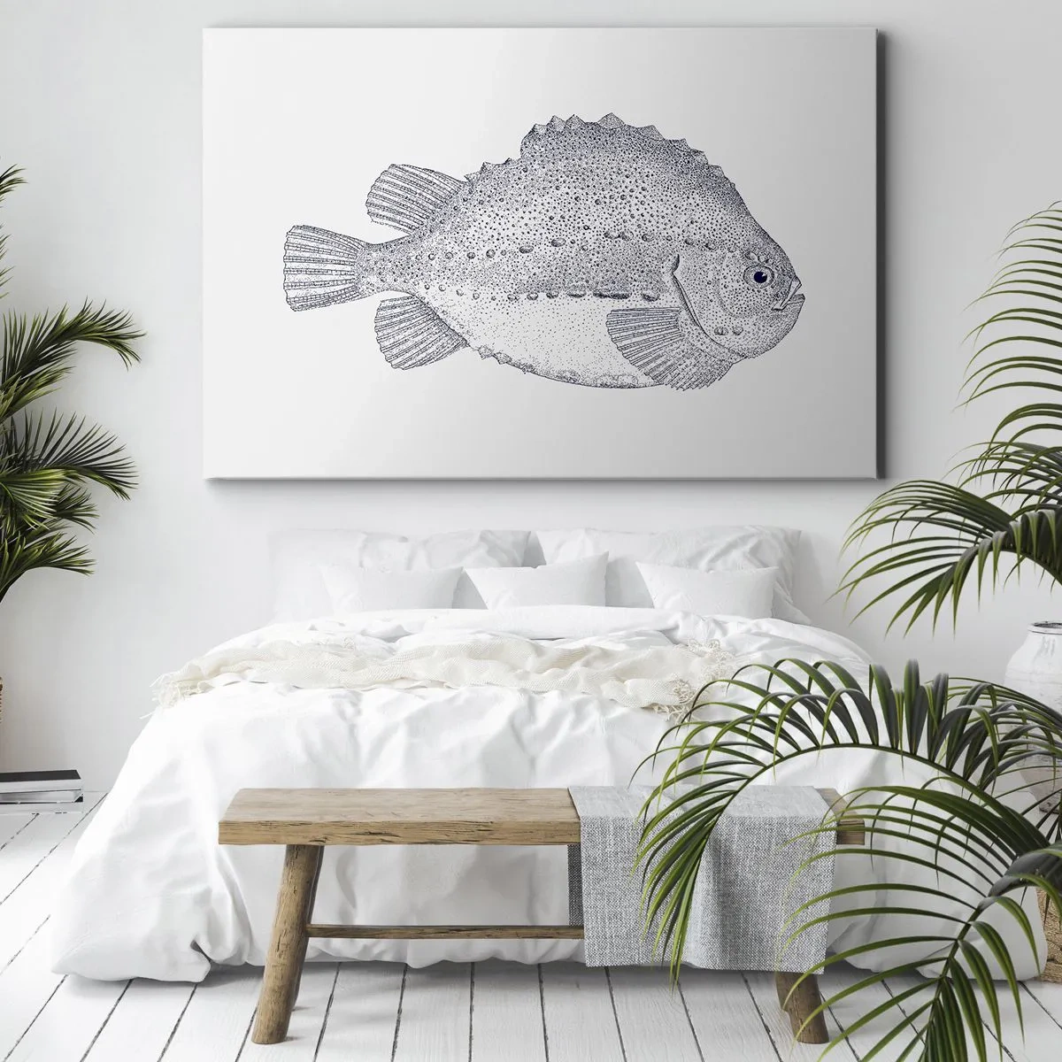 Bild auf Leinwand - Leinwandbild - Schwarz-weiße Zeichnung eines Fisches auf weißem Hintergrund im minimalistischen Stil - 70x50cm - Für das Album des Naturforschers - Moderne Wanddekoration für Wohnzimmer und Schlafzimmer ARTTOR