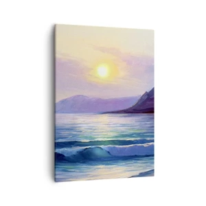 Bild auf Leinwand - Leinwandbild - Eine malerische Meereslandschaft bei Sonnenuntergang mit Wellen und Bergen - 50x70cm - Wasser- und Luftkristall - Moderne Wanddekoration für Wohnzimmer und Schlafzimmer ARTTOR