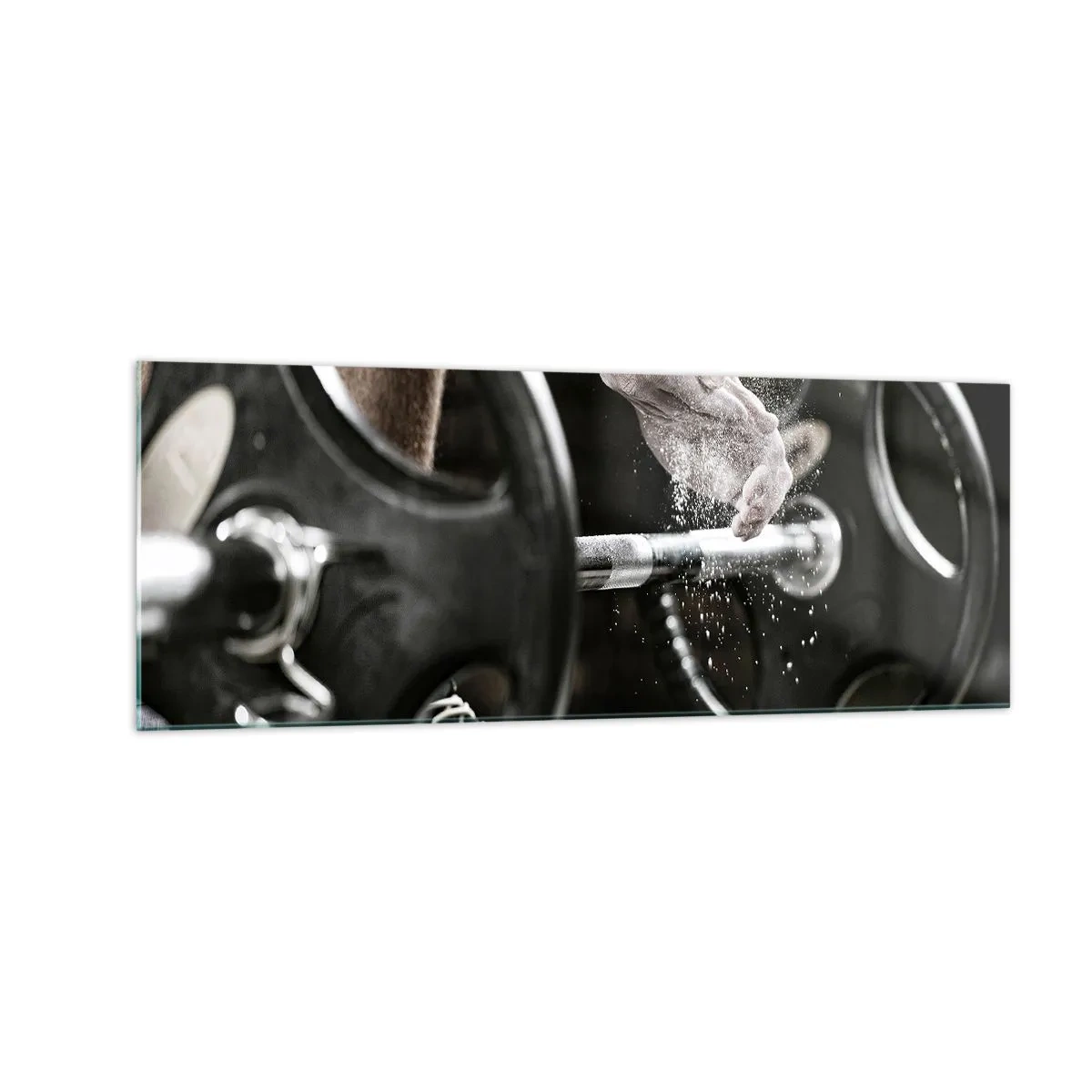 Glasbild - Bild auf glas - Hanteln und die Hände eines Sportlers bereiten sich auf das Training vor - 140x50cm - Herausforderung angenommen! - Moderne Wanddekoration für Wohnzimmer und Schlafzimmer ARTTOR