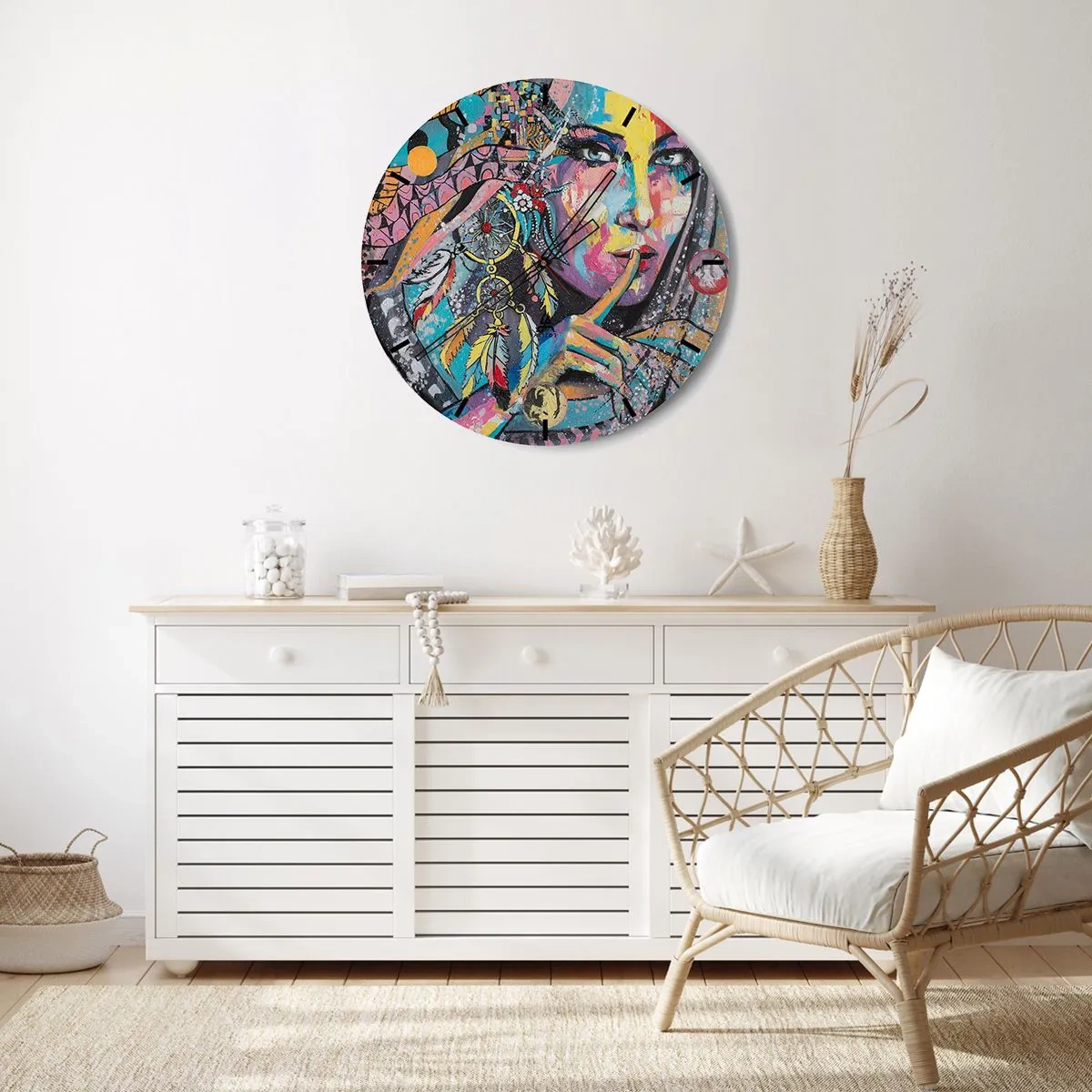 Wanduhr - Glasuhr - Buntes Gesicht mit Federn und geometrischem Muster - 30x30cm - Sei still, bis du verstehst - Moderne Wanddekoration für Wohnzimmer, Küche und Schlafzimmer ARTTOR