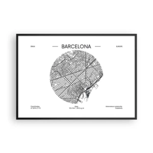 Poster in einem schwarzem Rahmen - Eine Karte von Barcelona im minimalistischen Schwarz-Weiß-Stil - 100x70cm - Anatomie von Barcelona - Moderne Wanddekoration für Wohnzimmer und Schlafzimmer ARTTOR