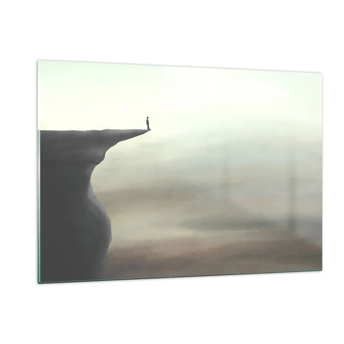 Glasbild - Bild auf glas - Silhouette einer Person, die am Rand einer Klippe über dem Nebel steht - 120x80cm - Nach oben, natürlich! - Moderne Wanddekoration für Wohnzimmer und Schlafzimmer ARTTOR