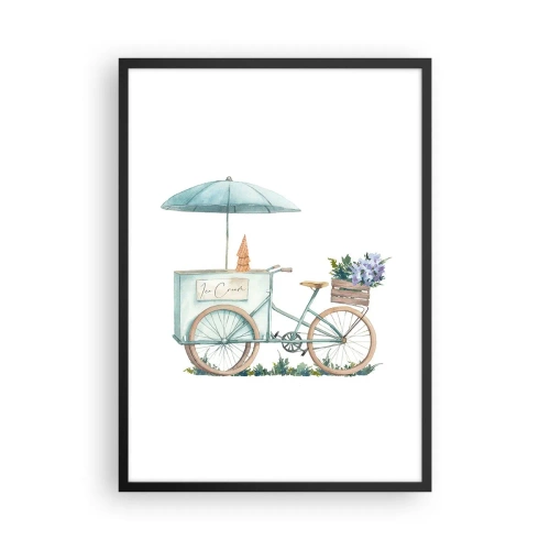 Poster in einem schwarzem Rahmen - Aquarell-Illustration eines Fahrrads mit Eis und Blumen - 50x70cm - Süße Erinnerung an den Sommer - Moderne Wanddekoration für Wohnzimmer und Schlafzimmer ARTTOR