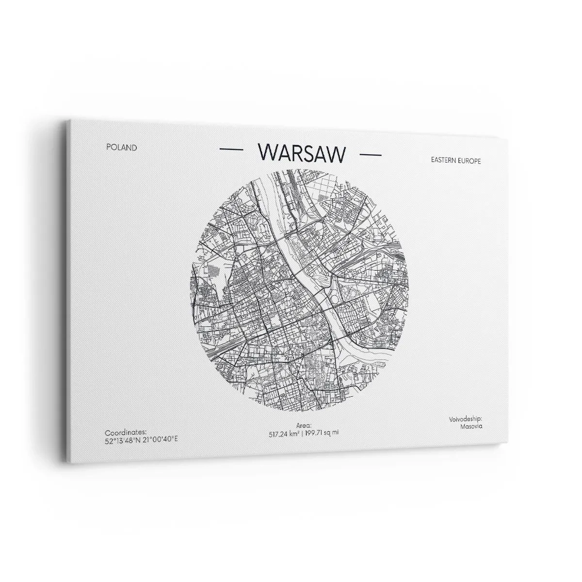 Bild auf Leinwand - Leinwandbild - Eine Karte von Warschau im minimalistischen Stil - 120x80cm - Anatomie von Warschau - Moderne Wanddekoration für Wohnzimmer und Schlafzimmer ARTTOR