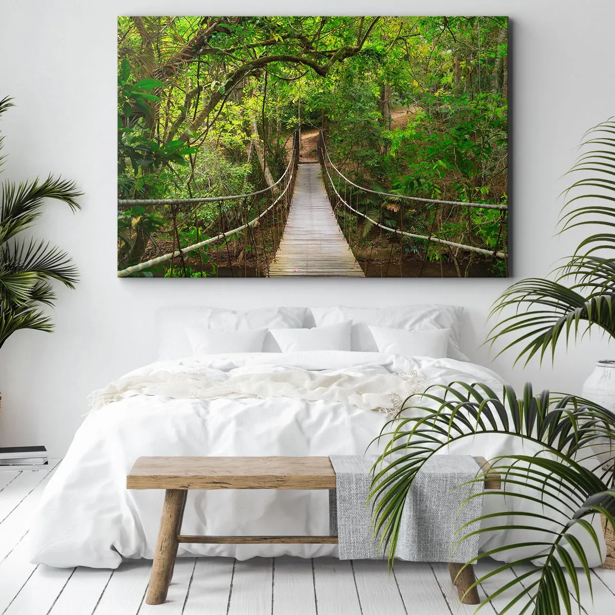 Bild auf Leinwand - Leinwandbild - Eine Hängebrücke umgeben von einem grünen Regenwald - 70x50cm - Denn im Garten gibt es eine Schlingpflanze - Moderne Wanddekoration für Wohnzimmer und Schlafzimmer ARTTOR