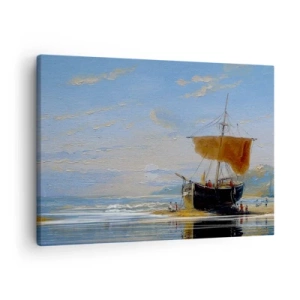 Bild auf Leinwand - Leinwandbild - Ein Schiff an der Küste an einem sonnigen Tag - 70x50cm - Wasser, Land, Luft - Moderne Wanddekoration für Wohnzimmer und Schlafzimmer ARTTOR