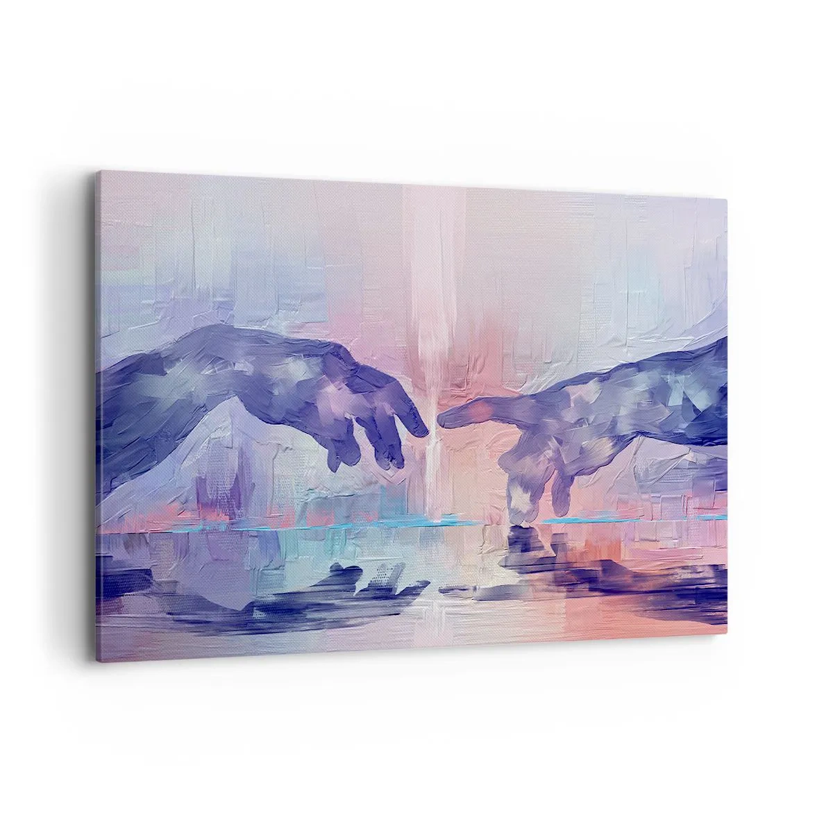 Bild auf Leinwand - Leinwandbild - Symbolische Hände in abstrakten Farben, die auf das Thema der Schöpfung verweisen - 120x80cm - Göttlicher Funke des Lebens - Moderne Wanddekoration für Wohnzimmer und Schlafzimmer ARTTOR