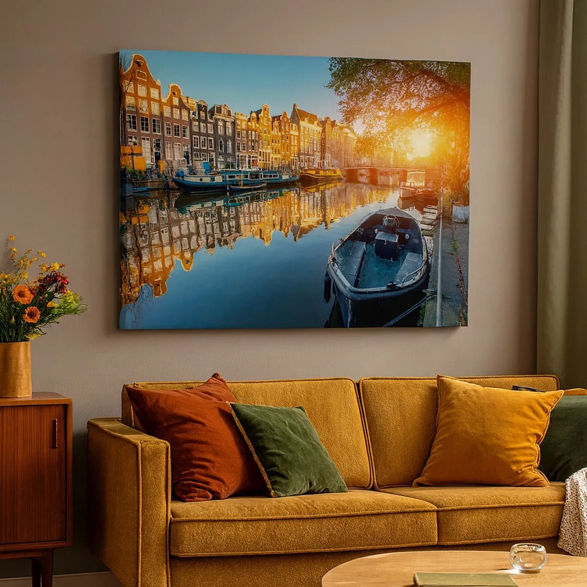 Bild auf Leinwand - Leinwandbild - Amsterdamer Kanal bei Sonnenuntergang - 70x50cm - Morgen in Amsterdam - Moderne Wanddekoration für Wohnzimmer und Schlafzimmer ARTTOR