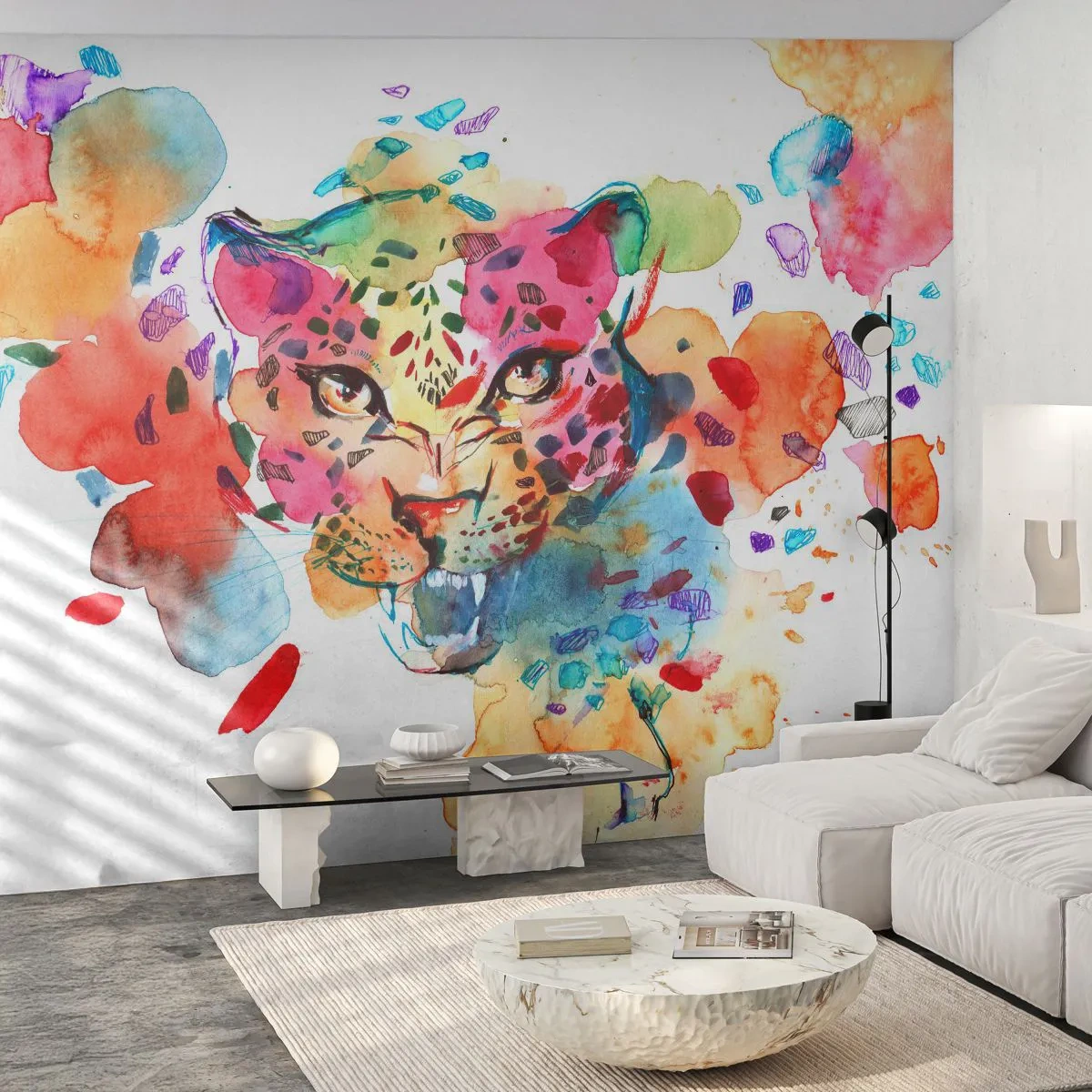 Fototapete Premium Canvas - Abstraktes Porträt eines Leoparden in intensiven Farben - 100x70cm - Die Schöne und das Biest - Moderne Wanddekoration für Wohnzimmer und Schlafzimmer ARTTOR