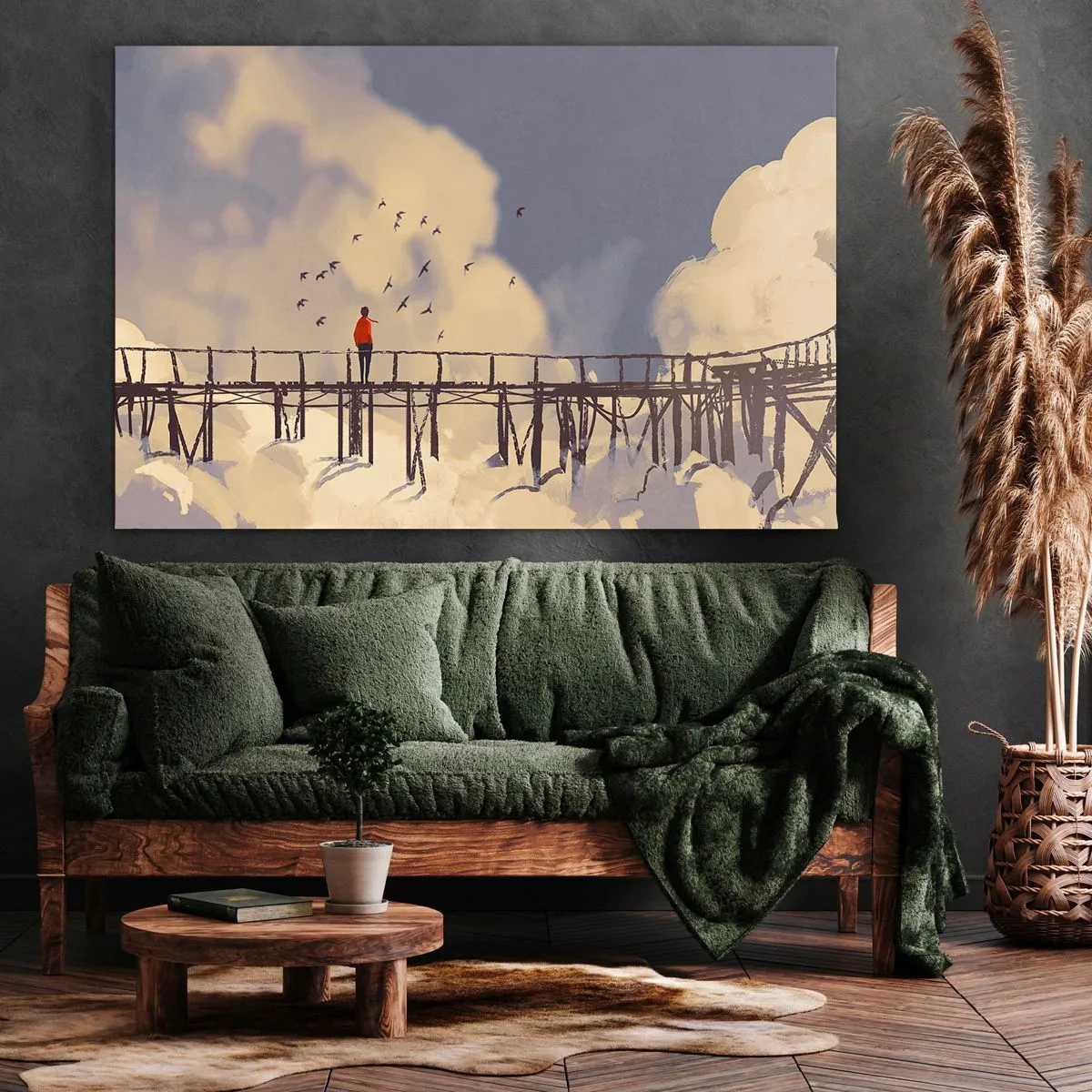 Bild auf Leinwand - Leinwandbild - Eine Figur auf einer Brücke zwischen Wolken mit Vögeln am Himmel - 70x50cm - Blaue Sehnsucht - Moderne Wanddekoration für Wohnzimmer und Schlafzimmer ARTTOR