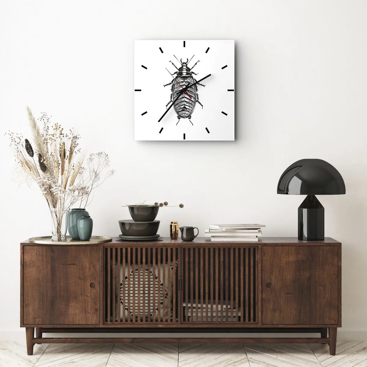 Wanduhr - Glasuhr - Grafik eines schwarz-weißen Insekts auf weißem Hintergrund - 30x30cm - Was für ein Exemplar! - Moderne Wanddekoration für Wohnzimmer und Schlafzimmer ARTTOR