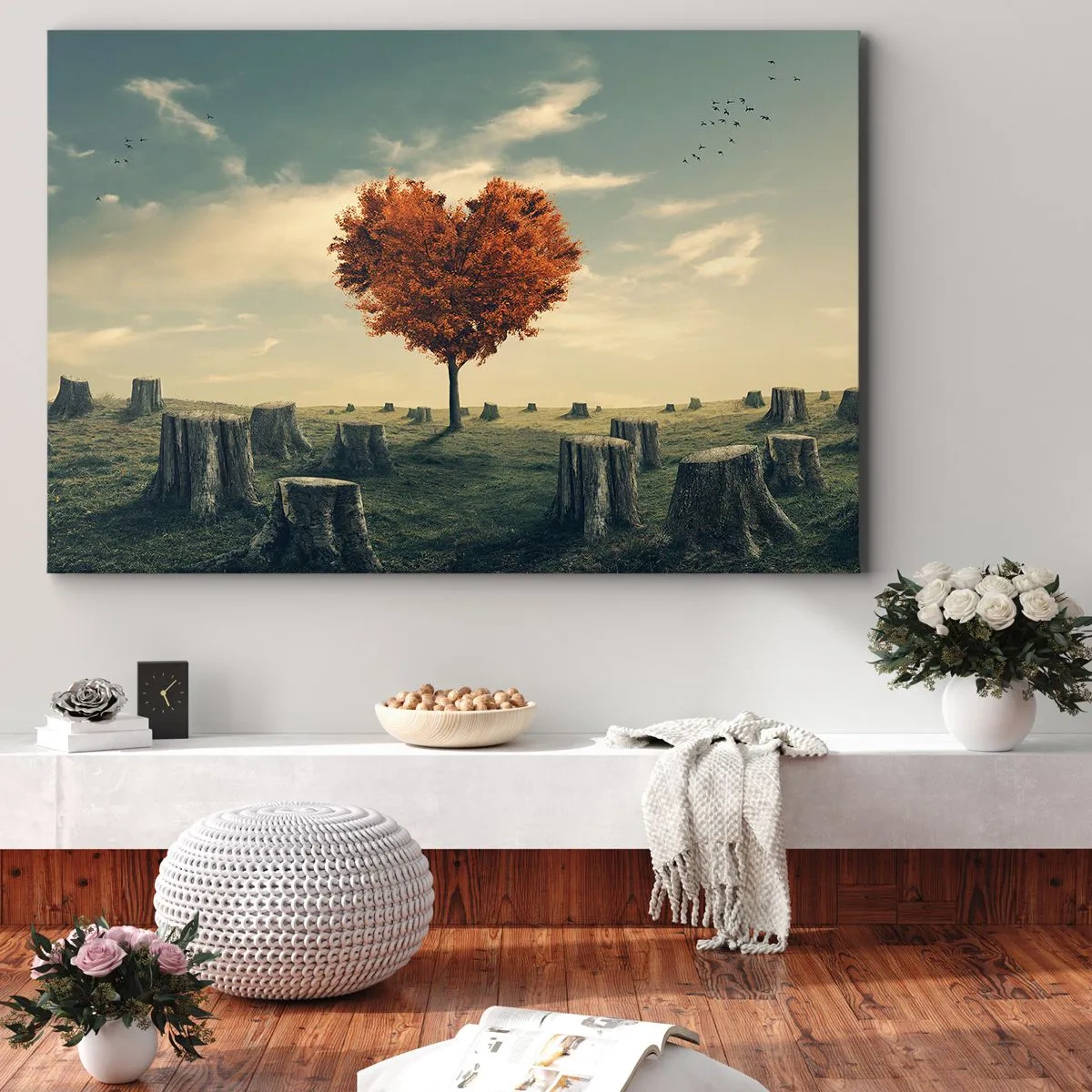 Bild auf Leinwand - Leinwandbild - Ein herzförmiger Baum in einem Feld aus Baumstümpfen, ein Symbol der Hoffnung - 70x50cm - Es gibt noch Hoffnung - Moderne Wanddekoration für Wohnzimmer und Schlafzimmer ARTTOR