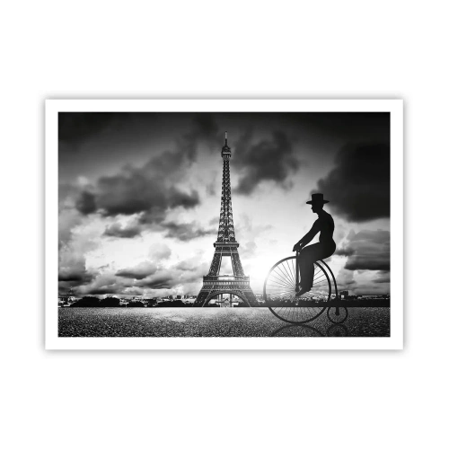 Poster - Schwarz-Weiß-Bild eines Retro-Fahrrads mit dem Eiffelturm im Hintergrund - 100x70cm - Sehnsucht nach Belle Epoque - Moderne Wanddekoration für Wohnzimmer und Schlafzimmer ARTTOR