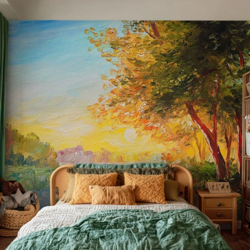 Fototapete Premium Canvas - Et in Arcadia ego - Landschaft, Fluss, Sonnenstrahlen - 300x210 cm