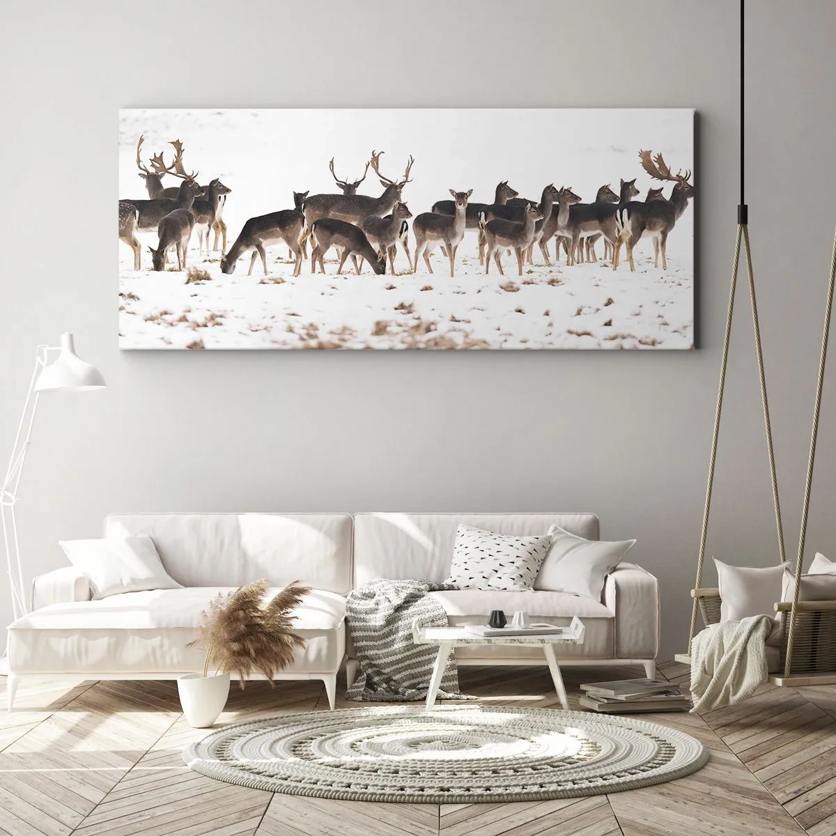 Bild auf Leinwand - Leinwandbild - Eine Herde Hirsche vor einem verschneiten Hintergrund - 120x50cm - Kommen die Weihnachten? - Moderne Wanddekoration für Wohnzimmer und Schlafzimmer ARTTOR