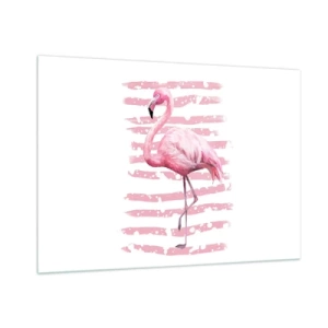 Glasbild - Bild auf glas - Ein rosa Flamingo vor einem Hintergrund aus künstlerischen rosa Streifen. - 100x70cm - In Würde, aber in Pink - Moderne Wanddekoration für Wohnzimmer und Schlafzimmer ARTTOR