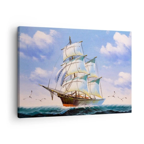 Bild auf Leinwand - Leinwandbild - Ein Segelschiff auf offener See unter blauem Himmel - 70x50cm - Mit Stolz mit dem Wind - Moderne Wanddekoration für Wohnzimmer und Schlafzimmer ARTTOR