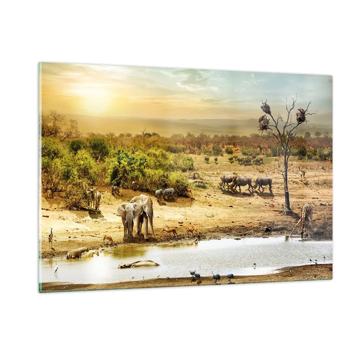 Glasbild - Bild auf glas - Elefanten und Tiere an einer Wasserstelle vor dem Hintergrund einer afrikanischen Landschaft - 120x80cm - Ein Fluss floss aus Eden ... - Moderne Wanddekoration für Wohnzimmer und Schlafzimmer ARTTOR
