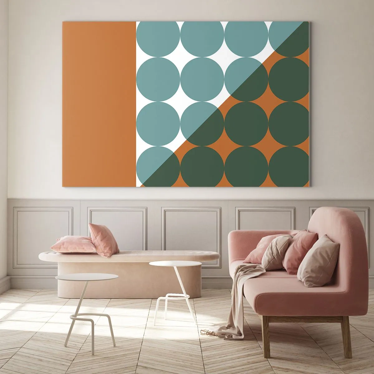 Glasbild - Bild auf glas - Abstrakte geometrische Komposition mit Kreisen und einem Dreieck - 70x50cm - Nach oben und schräg - Moderne Wanddekoration für Wohnzimmer und Schlafzimmer ARTTOR