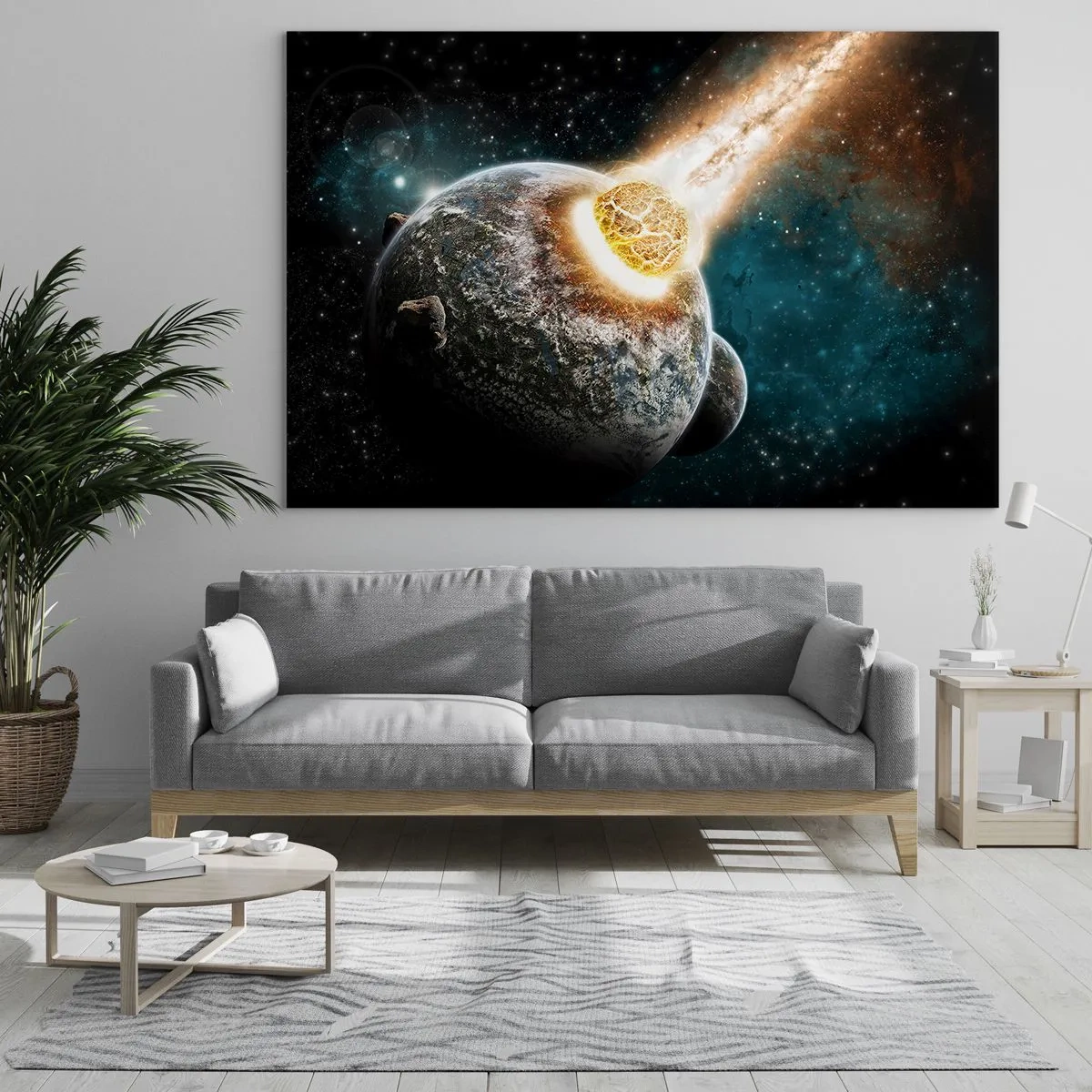 Glasbild - Bild auf glas - Ein Planet kollidiert mit einem Meteoriten - 100x70cm - Holocaust oder Geburt? - Moderne Wanddekoration für Wohnzimmer und Schlafzimmer ARTTOR