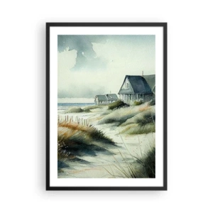 Poster in einem schwarzem Rahmen - Aquarell-Strandhaus mit Meerblick - 50x70cm - Abseits vom Trubel - Moderne Wanddekoration für Wohnzimmer und Schlafzimmer ARTTOR
