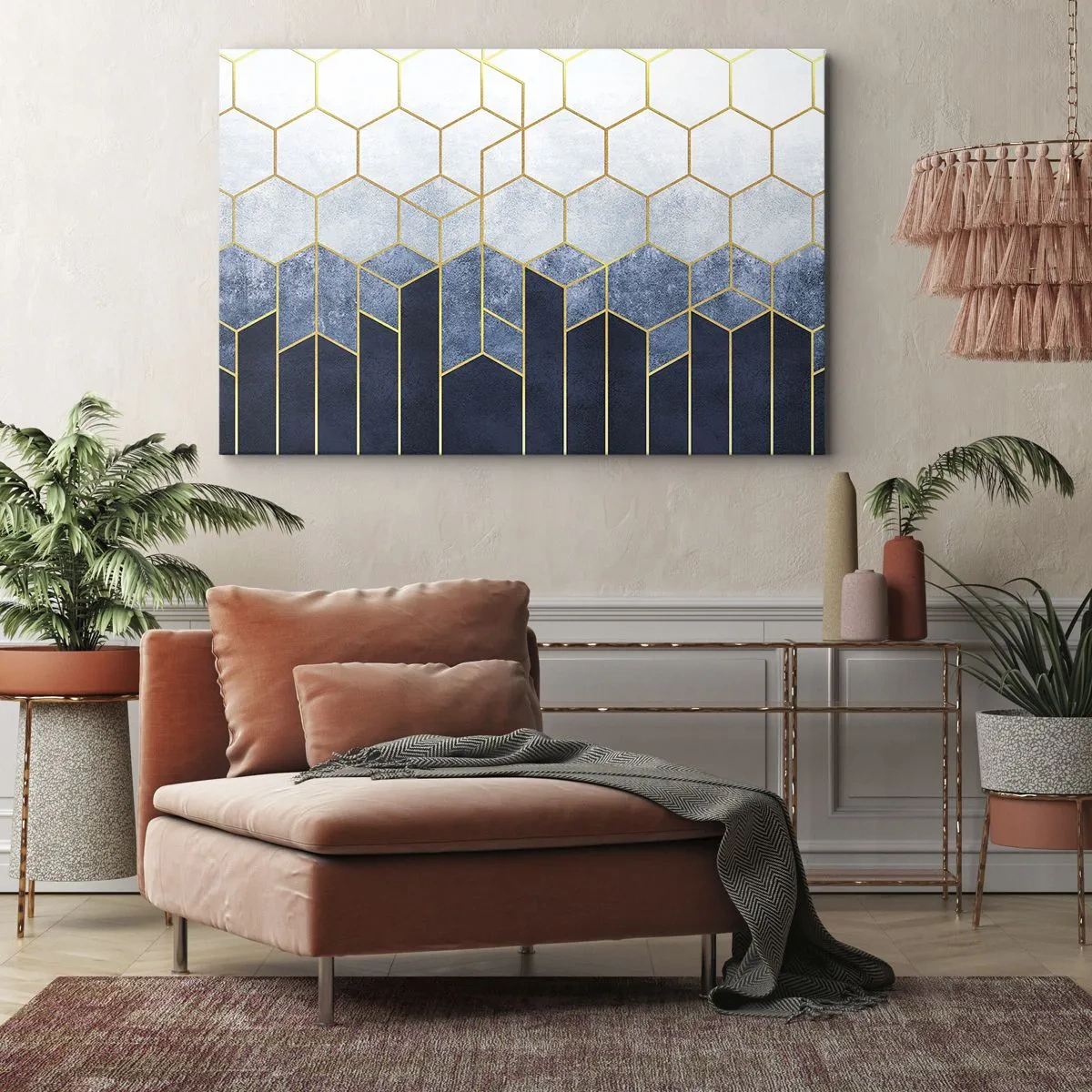 Bild auf Leinwand - Leinwandbild - Geometrisches Muster in Gold- und Marineblautönen - 100x70cm - Komposition im synkopischen Rhythmus - Moderne Wanddekoration für Wohnzimmer und Schlafzimmer ARTTOR