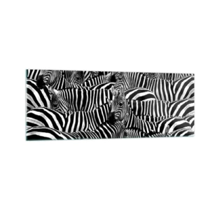 Glasbild - Bild auf glas - Eine Gruppe Zebras mit schwarzen und weißen Streifen, die ein symmetrisches Muster bilden. - 140x50cm - Gestreiftes Gruppenportrait - Moderne Wanddekoration für Wohnzimmer und Schlafzimmer ARTTOR