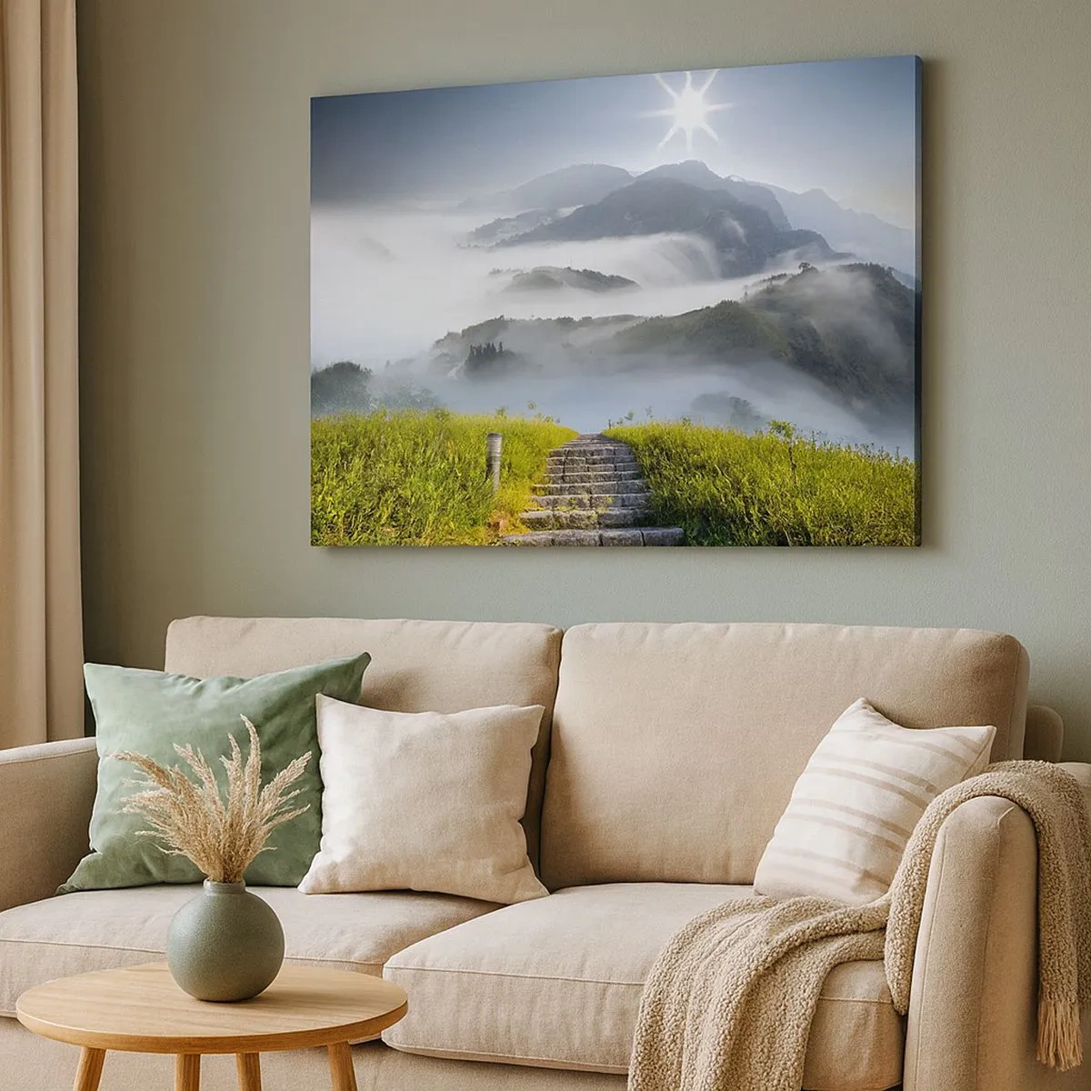 Bild auf Leinwand - Leinwandbild - Steintreppen führen durch die in Morgennebel gehüllten Berge - 70x50cm - Immer noch den Wolken entgegen - Moderne Wanddekoration für Wohnzimmer und Schlafzimmer ARTTOR
