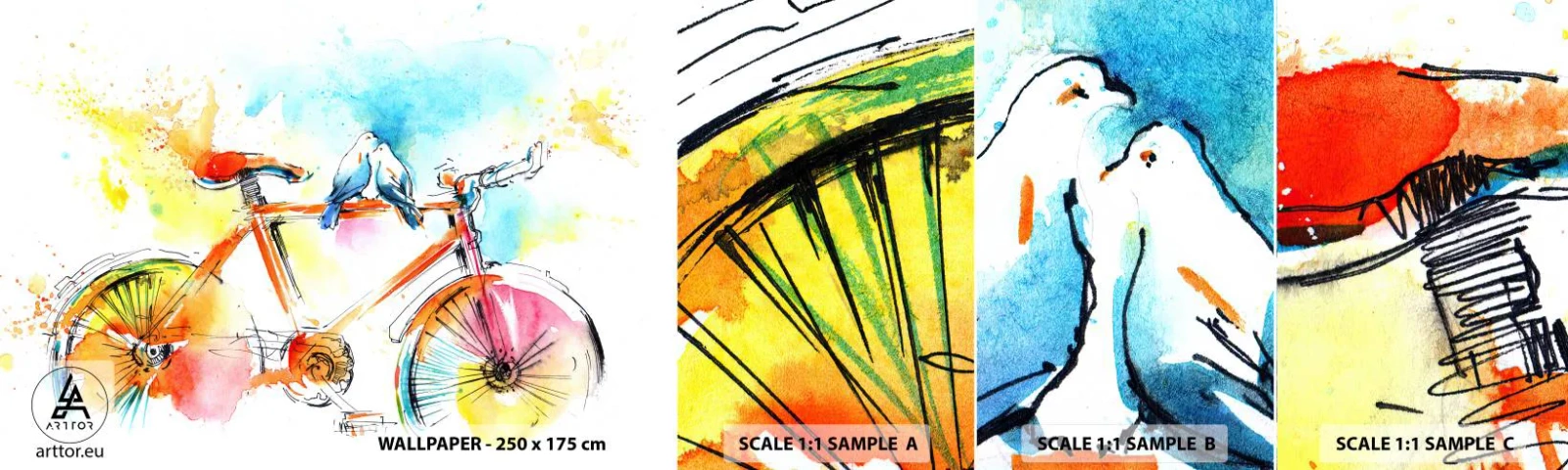 Fototapetenmuster Standard Eco - Fahrrad für zwei - Abstraktion, Fahrrad, Vögel - 100x30 cm