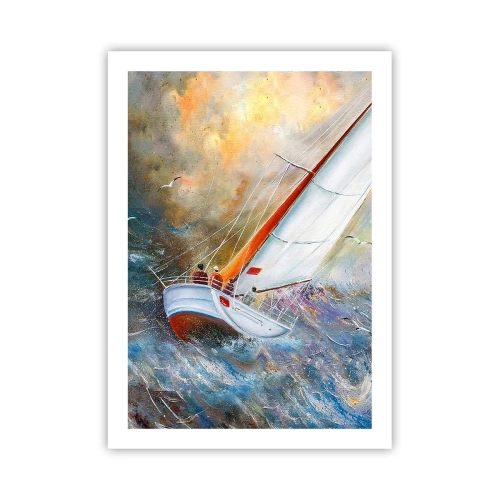 Poster - Eine Yacht segelt auf stürmischer See in einer malerischen Landschaft - 50x70cm - Durch die Wellen laufend - Moderne Wanddekoration für Wohnzimmer und Schlafzimmer ARTTOR