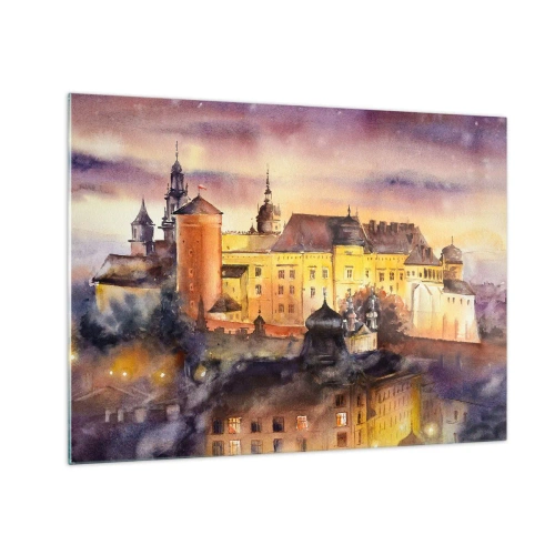 Glasbild - Bild auf glas - Aquarell-Illustration einer Burg auf einem Hügel bei Sonnenuntergang - 70x50cm - Geschichte und Märchen - Moderne Wanddekoration für Wohnzimmer und Schlafzimmer ARTTOR