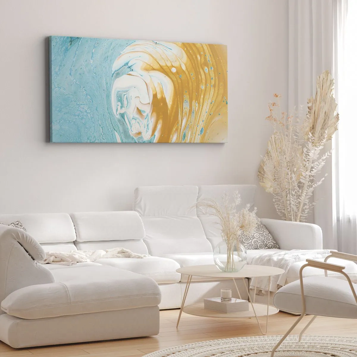 Bild auf Leinwand - Leinwandbild - Abstrakte Wellen in Blau- und Goldtönen auf Leinwand - 120x50cm - Pastellwirbel - Moderne Wanddekoration für Wohnzimmer und Schlafzimmer ARTTOR