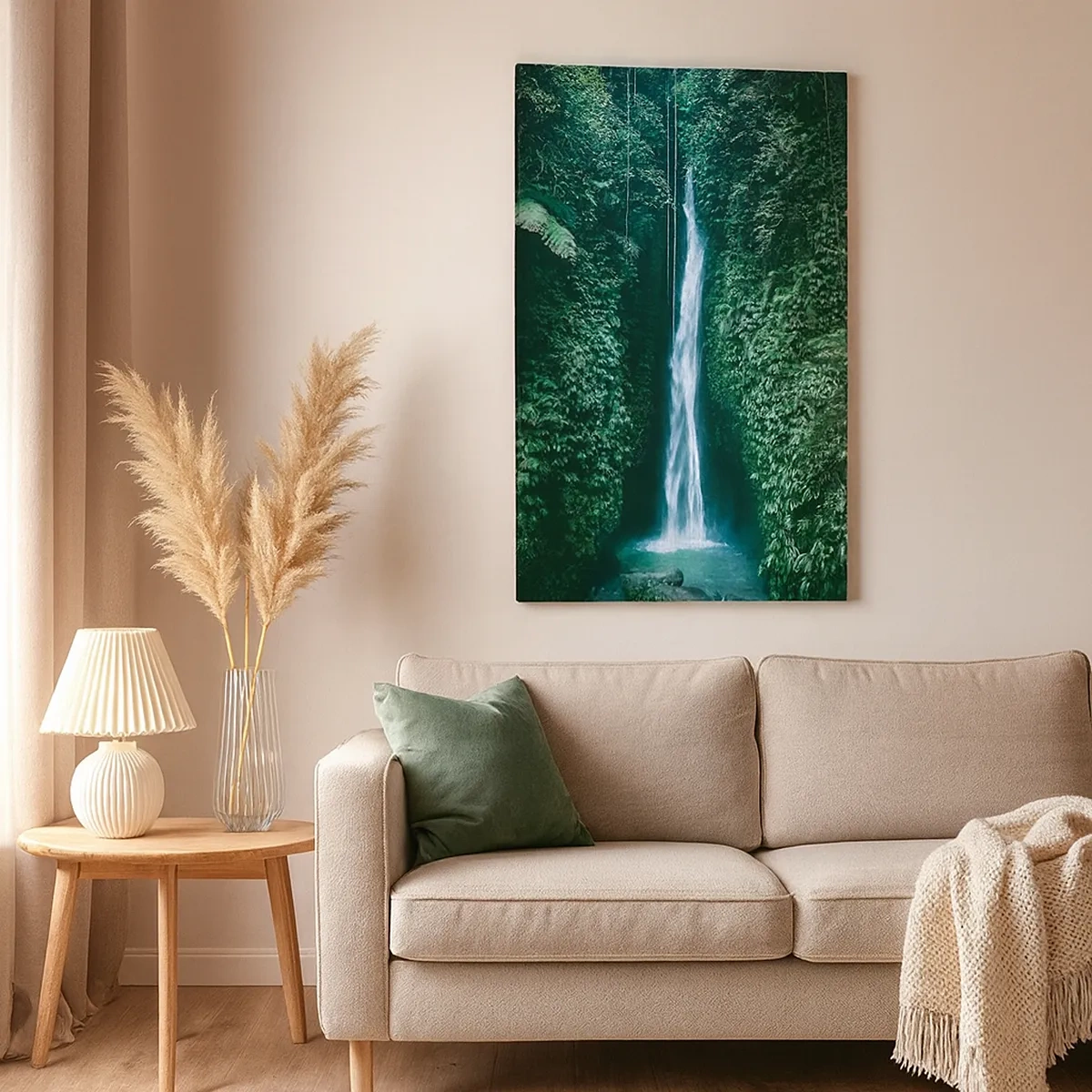 Bild auf Leinwand - Leinwandbild - Ein Wasserfall, umgeben von dichter tropischer Vegetation - 50x70cm - Tropisches Spa - Moderne Wanddekoration für Wohnzimmer und Schlafzimmer ARTTOR