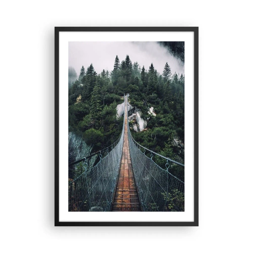 Poster in einem schwarzem Rahmen - Eine Hängebrücke durch einen dichten, nebligen Wald - 50x70cm - Nur für Überflieger - Moderne Wanddekoration für Wohnzimmer und Schlafzimmer ARTTOR