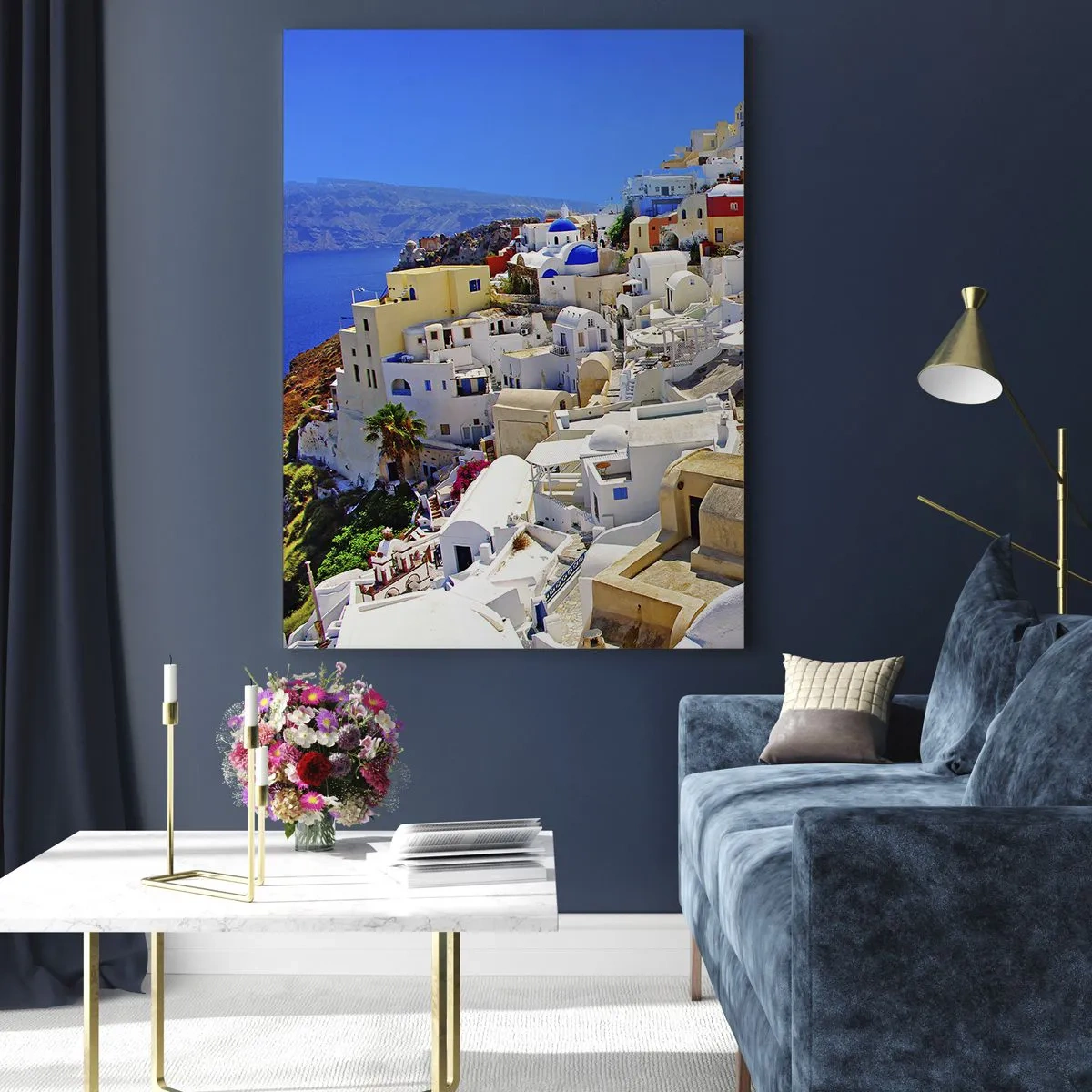 Glasbild - Bild auf glas - Panorama von Santorini mit weißen Häusern und blauem Himmel - 80x120cm - Der Traum vom griechischen Sommer - Moderne Wanddekoration für Wohnzimmer und Schlafzimmer ARTTOR