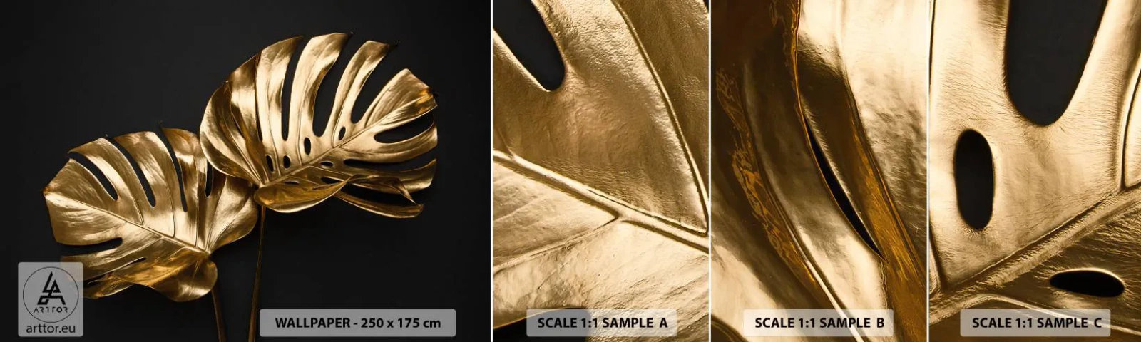 Fototapetenmuster Standard Eco - Die Schätze der Natur - Abstraktion, Goldene Blätter, Monstera-Blatt - 100x30 cm
