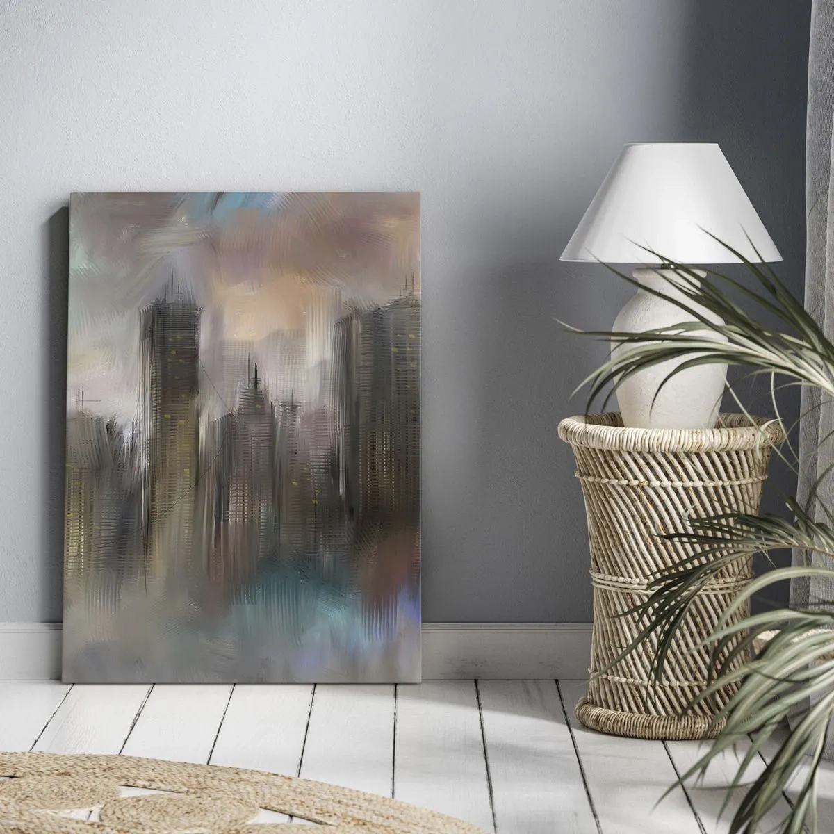Bild auf Leinwand - Leinwandbild - Eine künstlerische Vision einer Stadtlandschaft mit Wolkenkratzern in Pastellfarben. - 50x70cm - Eine Komposition aus Stahl, Stein und Nebel - Moderne Wanddekoration für Wohnzimmer und Schlafzimmer ARTTOR