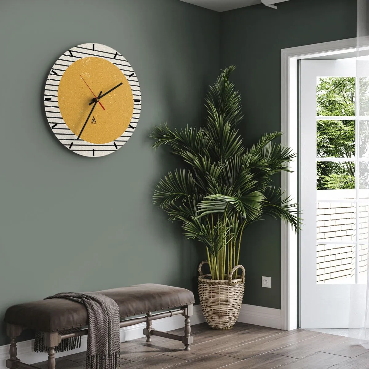 Wanduhr - Glasuhr - Ein orangefarbener Kreis auf einem Hintergrund aus schwarzen und weißen Streifen - 30x30cm - Die Kraft der Einfachheit - Moderne Wanddekoration für Wohnzimmer, Küche und Schlafzimmer ARTTOR