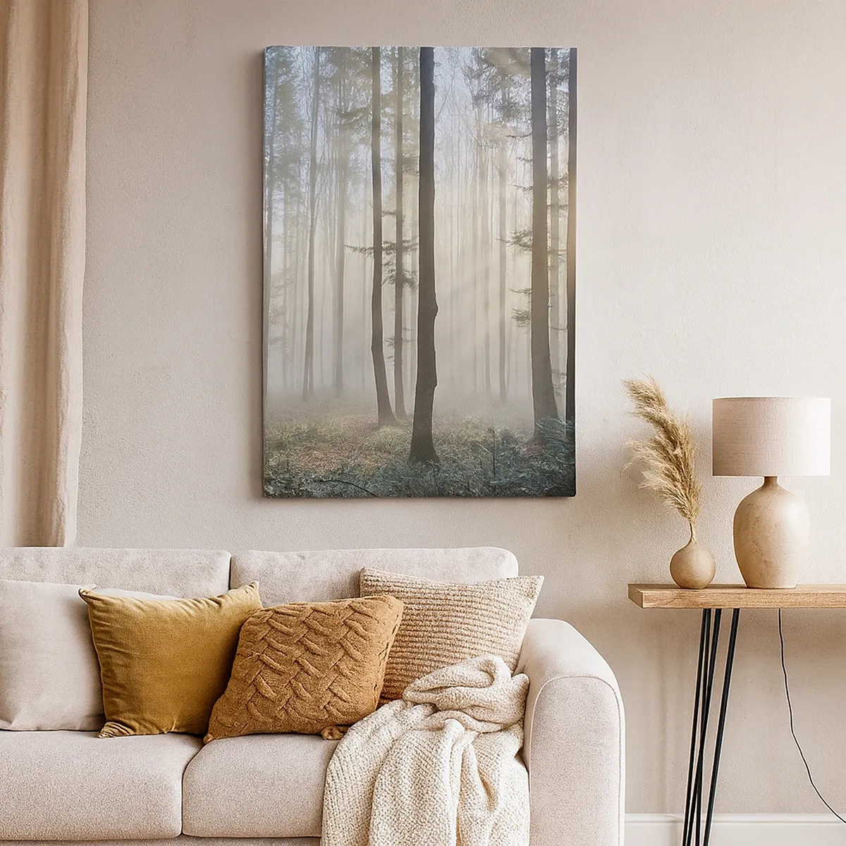 Bild auf Leinwand - Leinwandbild - Ein Wald in leichtem Nebel mit Sonnenstrahlen, die durch die Bäume scheinen - 50x70cm - Der Nebel ist auch aufgewacht - Moderne Wanddekoration für Wohnzimmer und Schlafzimmer ARTTOR