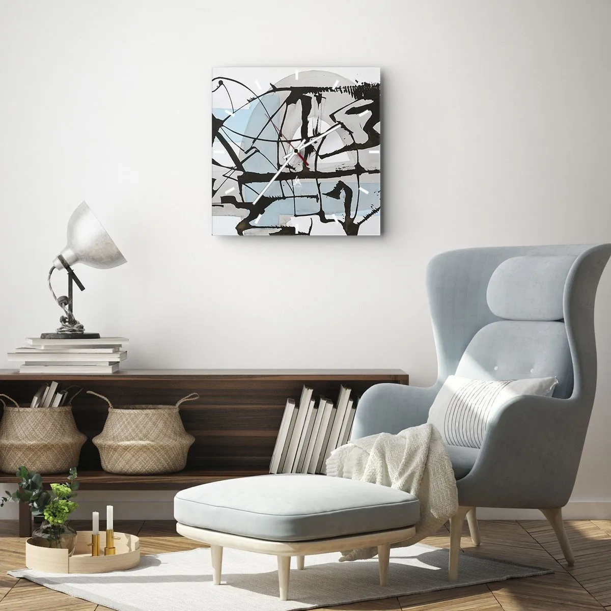 Wanduhr - Glasuhr - Abstrakte Linien und Formen in Blau und Schwarz - 30x30cm - Trotzdem blau - Moderne Wanddekoration für Wohnzimmer und Schlafzimmer ARTTOR