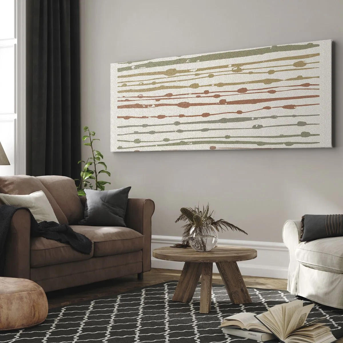 Bild auf Leinwand - Leinwandbild - Ein Linienmuster in warmen Farbtönen auf hellem Hintergrund - 140x50cm - Musikalische Notation von Farben - Moderne Wanddekoration für Wohnzimmer und Schlafzimmer ARTTOR