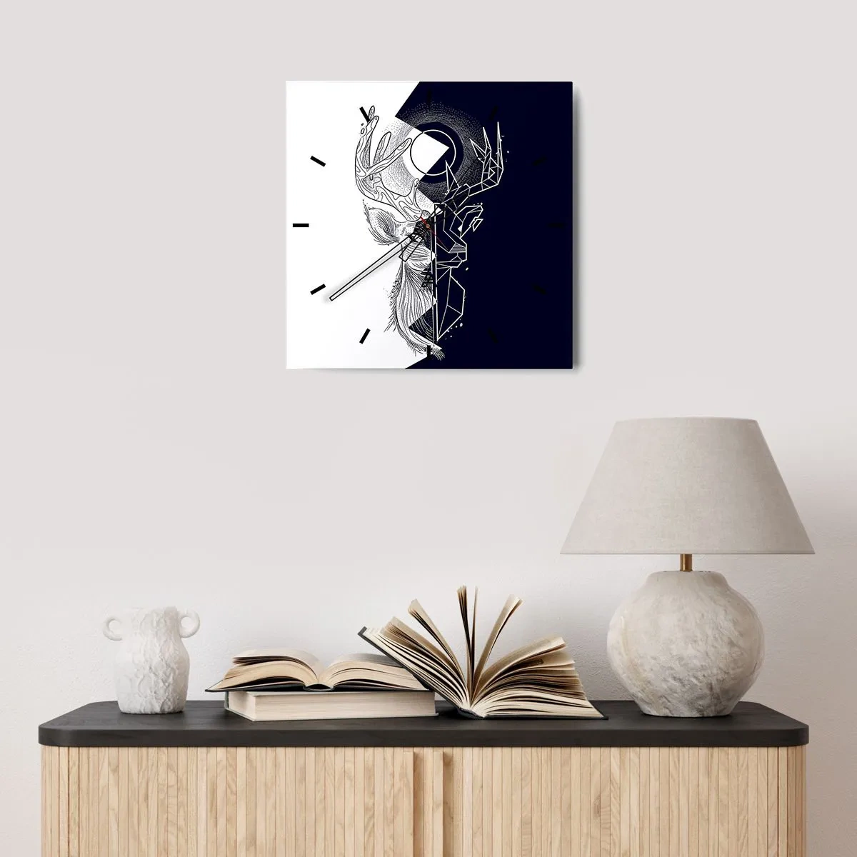 Wanduhr - Glasuhr - Geometrie und Natur in einer symbolischen Komposition - 30x30cm - Der Kampf und die Einheit der Gegensätze - Moderne Wanddekoration für Wohnzimmer und Schlafzimmer ARTTOR