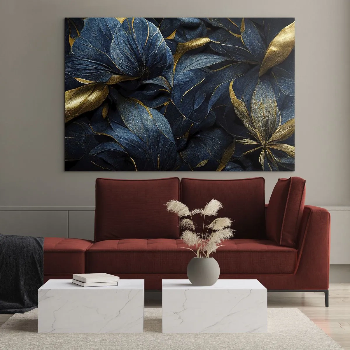 Glasbild - Bild auf glas - Dunkelblaue Blätter mit dezenten Goldakzenten - 70x50cm - Mit Gold gefüttert - Moderne Wanddekoration für Wohnzimmer und Schlafzimmer ARTTOR