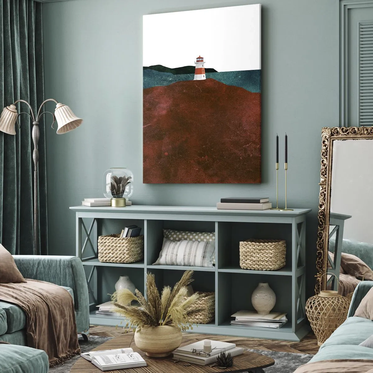 Bild auf Leinwand - Leinwandbild - Ein Leuchtturm vor der Kulisse von Bergen und Meer - 50x70cm - Aufs Meer starren - Moderne Wanddekoration für Wohnzimmer und Schlafzimmer ARTTOR