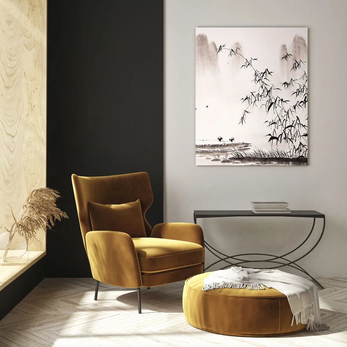 Glasbild - Bild auf glas - Eine minimalistische Landschaft im orientalischen Stil - 80x120cm - Die Stille der Reisfelder - Moderne Wanddekoration für Wohnzimmer und Schlafzimmer ARTTOR