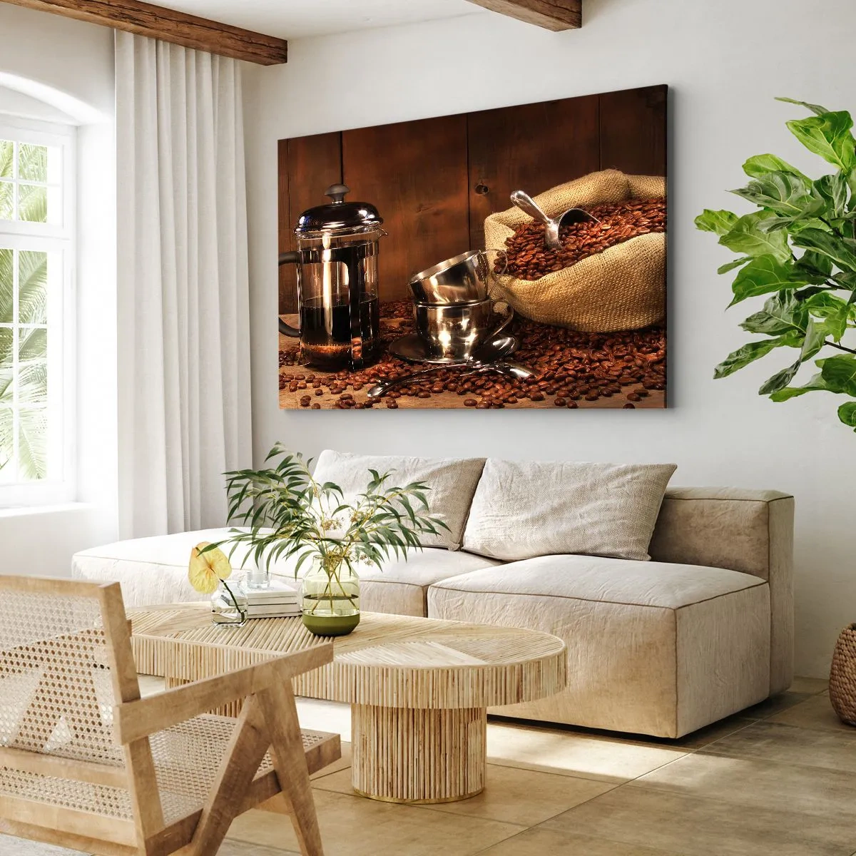 Bild auf Leinwand - Leinwandbild - French Press, Tassen und eine Tüte Kaffee auf einem hölzernen Hintergrund - 70x50cm - Der Charme des Kaffees - Aroma und Geschmack - Moderne Wanddekoration für Wohnzimmer und Schlafzimmer ARTTOR