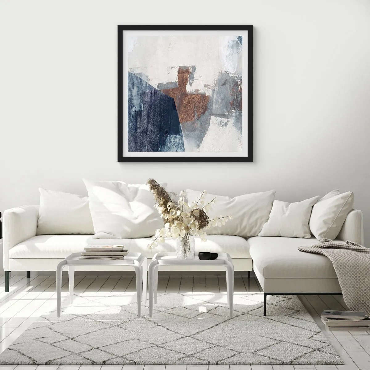 Poster in einem schwarzem Rahmen - Blaue und braune Formen - 60x60 cm