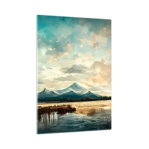 Glasbild - Bild auf glas - Winterlandschaft mit Bergen und einem zugefrorenen See - 50x70cm - Unter dem Schutz des Himmels - Moderne Wanddekoration für Wohnzimmer und Schlafzimmer ARTTOR