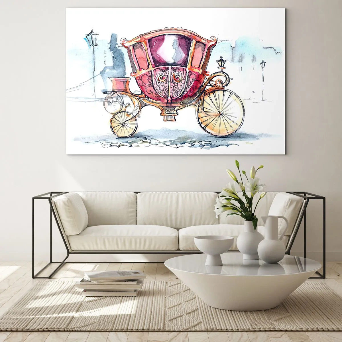 Glasbild - Bild auf glas - Eine elegante Kutsche im Aquarellstil vor einem Straßenhintergrund - 70x50cm - Zur Hochzeit oder zum Abschlussball? - Moderne Wanddekoration für Wohnzimmer und Schlafzimmer ARTTOR